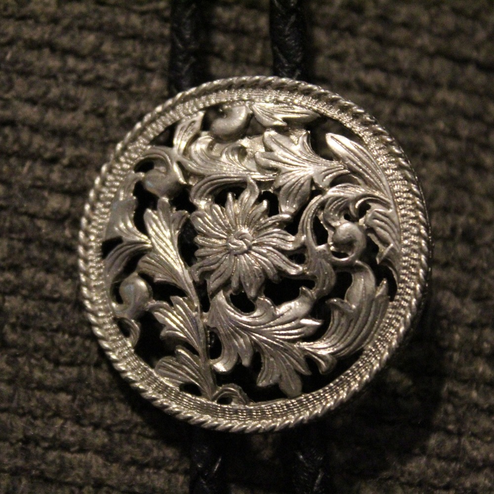 Vintage Silver Floral Filigree Bolo Tie Western Cowboy Boho Black Braided Cord